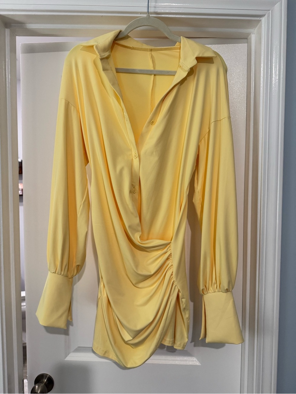 Women’s Yellow Draped Button-Down Shirt with Ruched Side